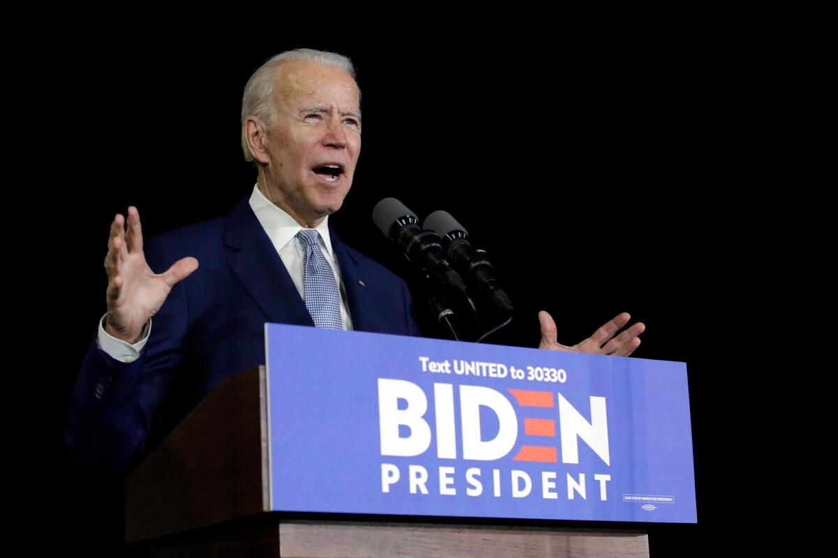 Democratic presidential candidate former Vice President Joe Biden speaks during a primary election night rally in Los Angeles on March 3, 2020. (Marcio Jose Sanchez/AP Photo)