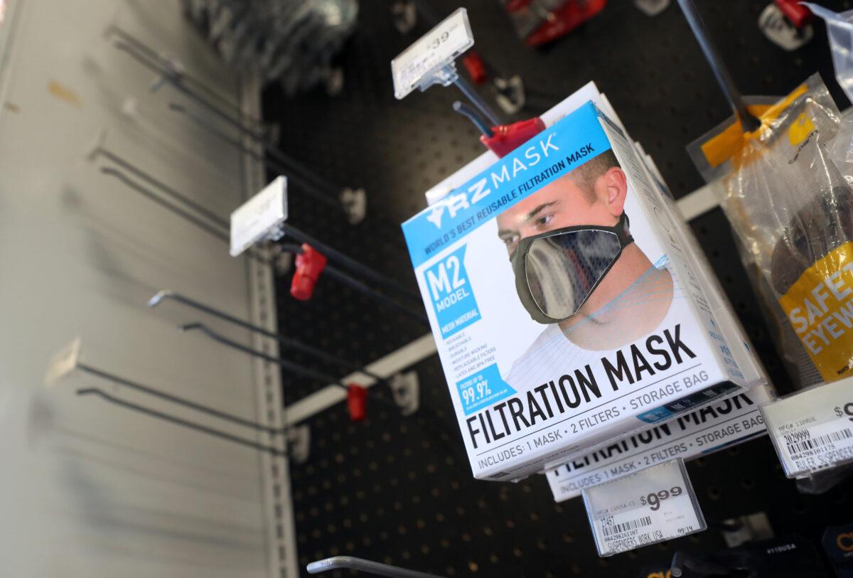 Three packs of filtration masks are displayed at Marin Ace Hardware in San Rafael, California, on March 2, 2020. (Justin Sullivan/Getty Images)