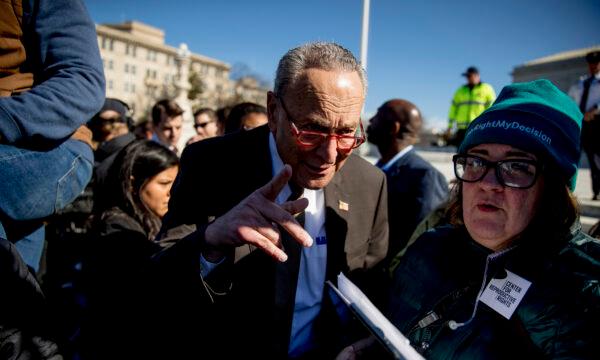 Senate Minority Leader Sen. Chuck Schumer (D-N.Y.) arrives to speak to abortion rights demonstrators at a rally outside the Supreme Court in Washington on March 4, 2020. (Andrew Harnik/AP Photo)