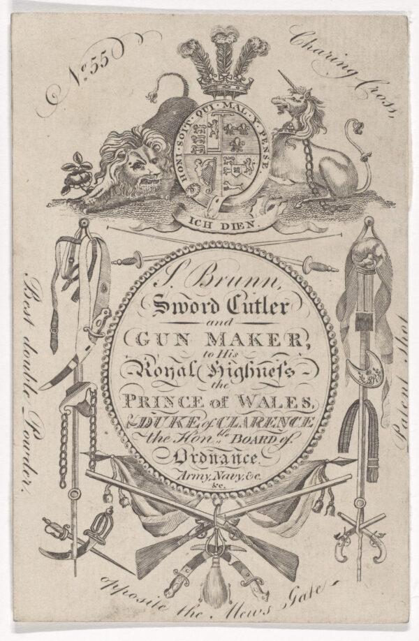 Trade card of sword cutler and gunmaker Samuel Brunn, 1797–1803, by an unknown artist. Engraving; 4 3/4 inches by 3 1/16 inches. (The Metropolitan Museum of Art)