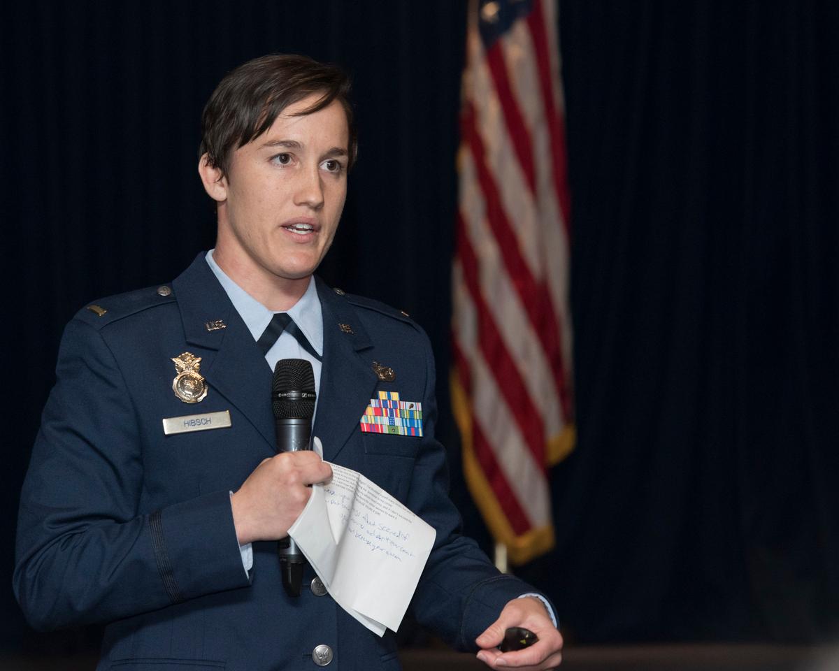 Hibsch speaks during a Women’s History Month luncheon at Yokota Air Base in Japan on March 26, 2019. (Courtesy of <a href="https://www.dvidshub.net/image/5214995/womens-history-month-luncheon">Machiko Arita/U.S. Air Force</a>)