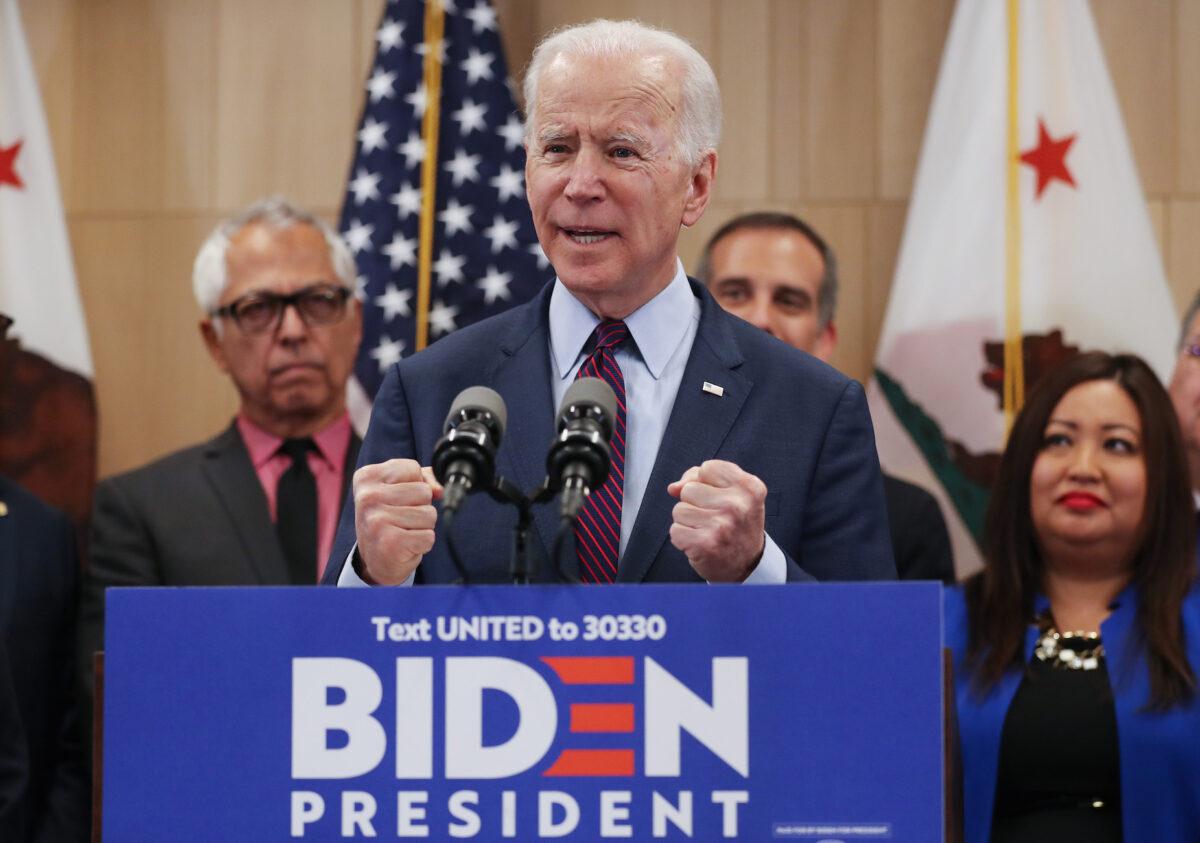 Democratic presidential candidate former Vice President Joe Biden speaks while standing with supporters at a campaign event in Los Angeles, California, on March 4, 2020. (Mario Tama/Getty Images)