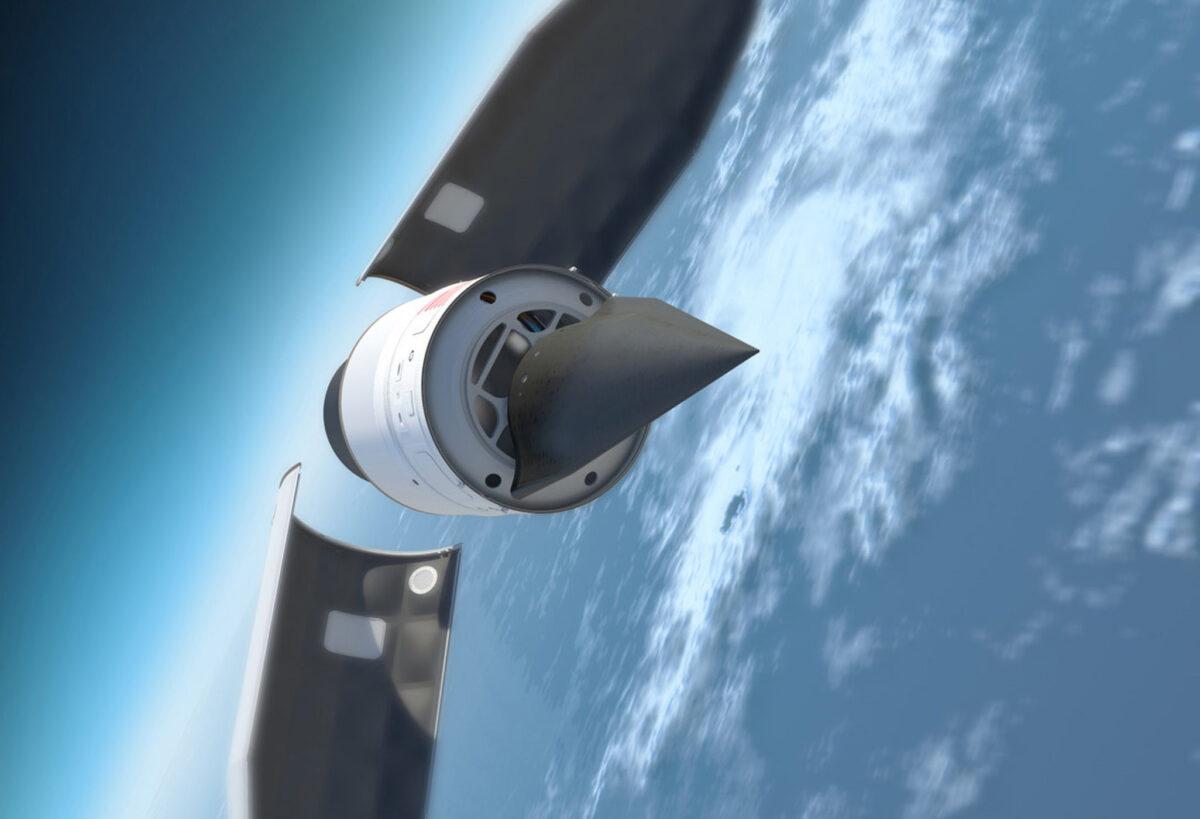 The U.S. Defence Advanced Research Projects Agency’s Falcon Hypersonic Test Vehicle emerges from its rocket nose cone and prepares to re-enter the Earth’s atmosphere, in this illustration. (Image courtesy of DARPA)