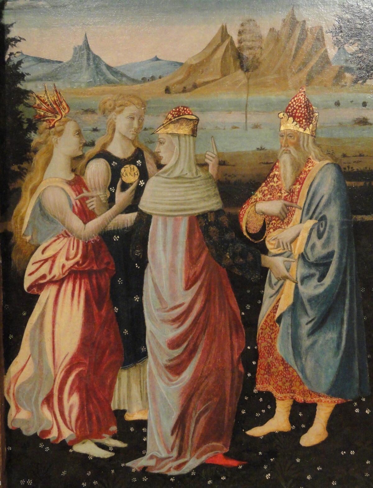 Three Greek goddesses are directed by Zeus to let Paris judge who is most beautiful. A detail from “Judgment of Paris,” circa 1480, by Master of the Argonaut Panels. Fogg Museum. (Public Domain)