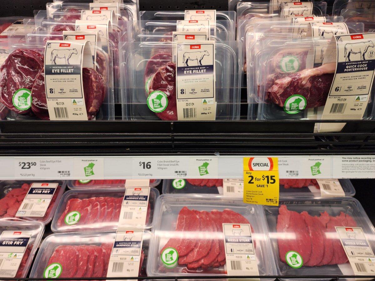 Cuts of beef seen in a supermarket in Albany, Western Australia, on July 6, 2024. (Susan Mortimer/The Epoch Times)