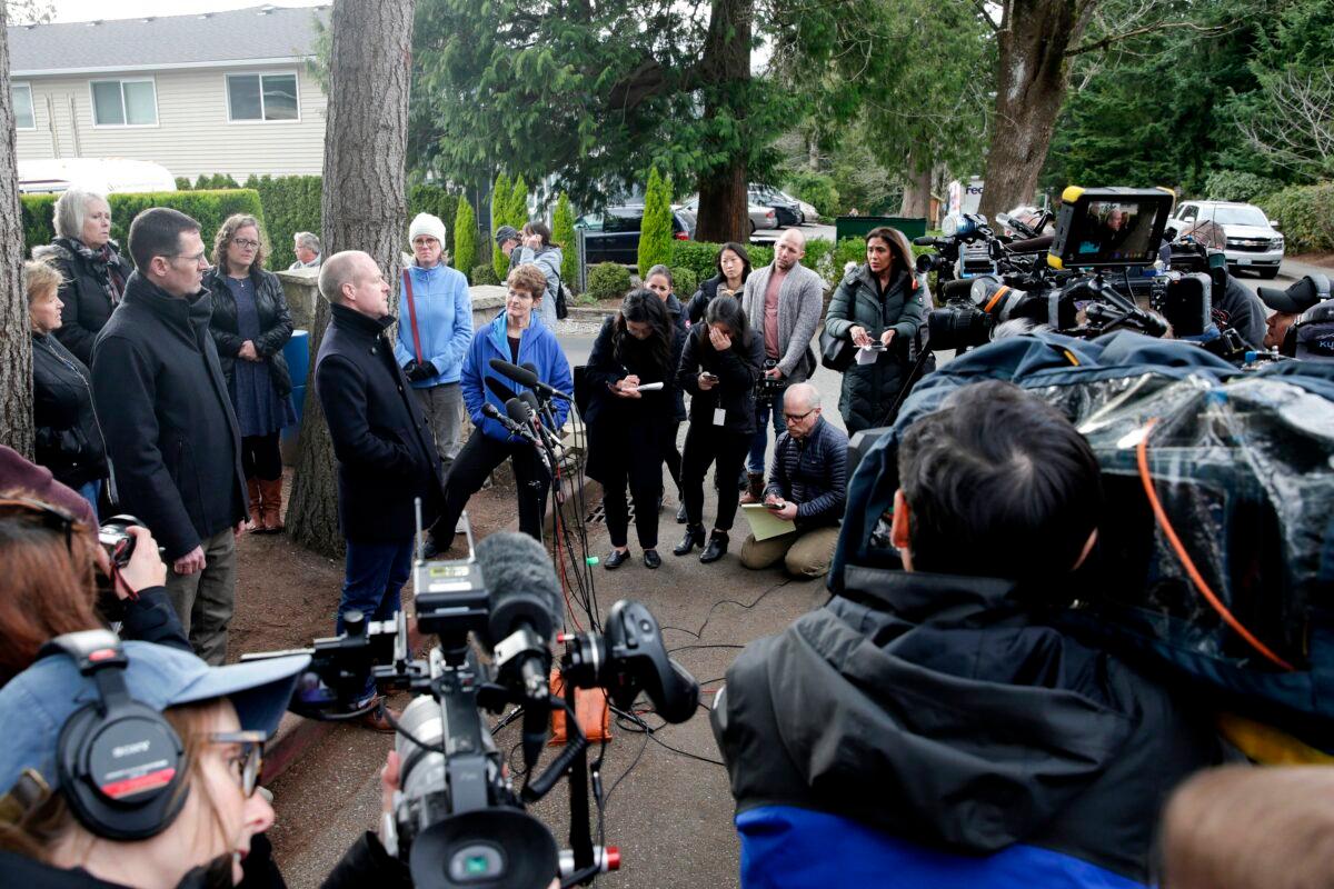 Kevin Connolly, whose father-in-law is a resident at Life Care Center, speaks during a press conference held by family of residents of the nursing home, where some patients have died from COVID-19, in Kirkland, Washington on March 5, 2020. (Jason Redmond/AFP via Getty Images)