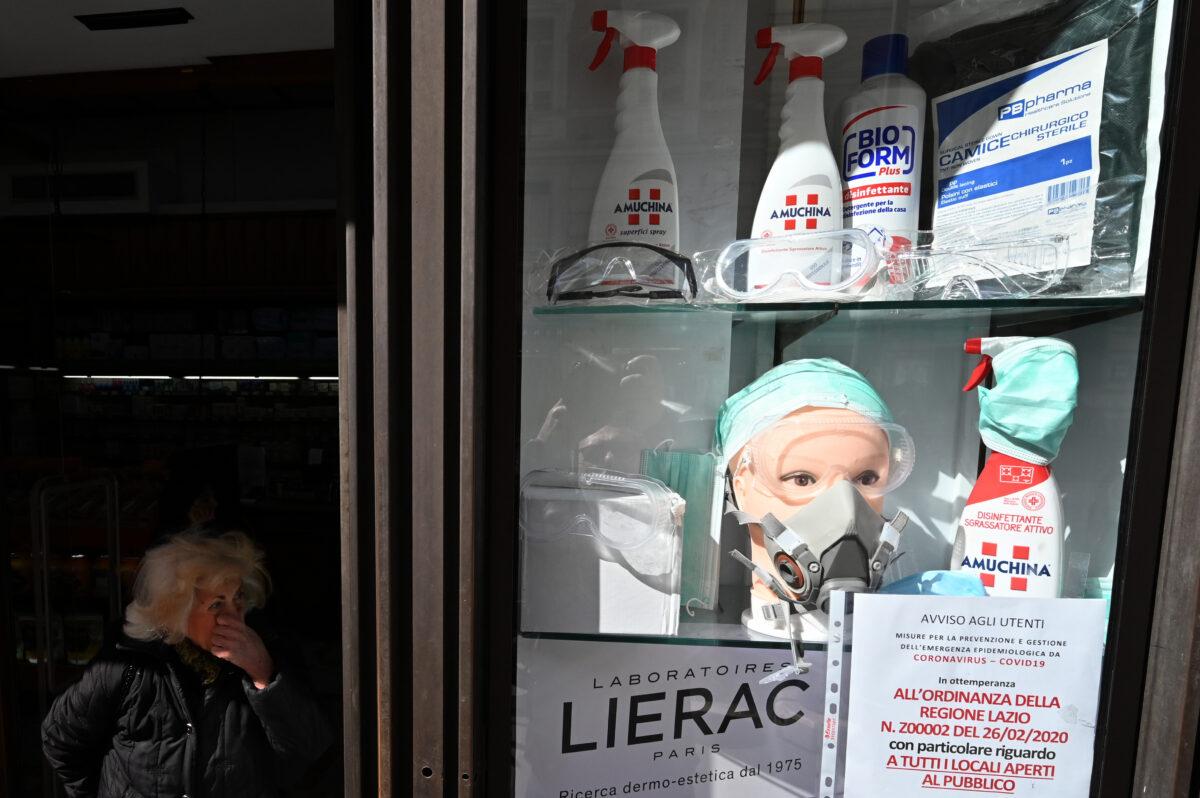 Protective masks and healthcare facilities are displayed in a pharmacy in Rome on March 7, 2020. (Albert Pizzoli/AFP via Getty Images)