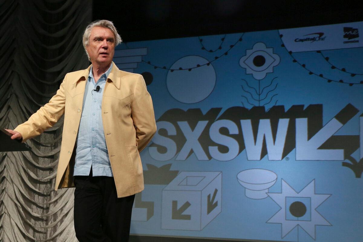 David Byrne takes part in the "Reasons To Be Cheerful" featured session during the South by Southwest Music Festival in Austin, Texas, on March 13, 2019. (Jack Plunkett/Invision/AP, File)
