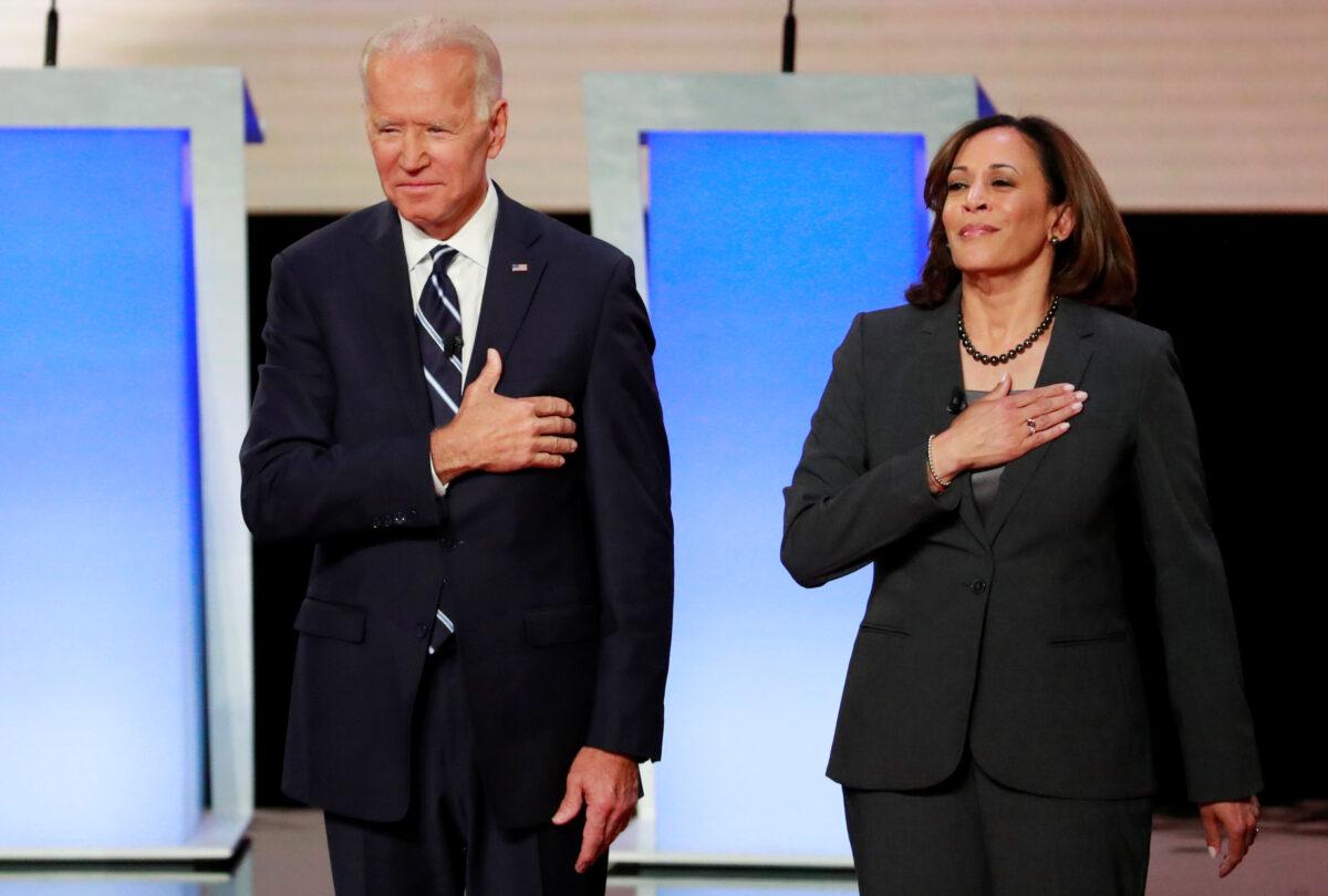 Former Vice President Joe Biden and Sen. Kamala Harris (D-Calif.) before the second night of the second presidential Democratic candidates debate in Detroit, Mich., on July 31, 2019. (Lucas Jackson/Reuters)