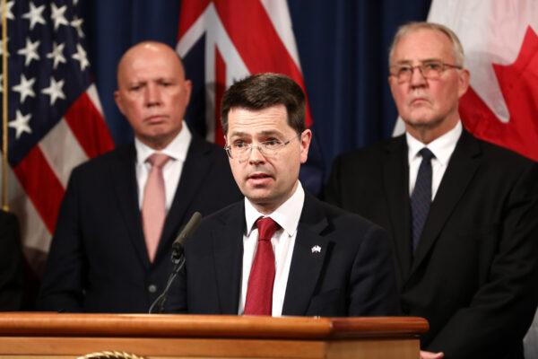 UK Security Minister James Brokenshire speaks about an initiative to prevent online child sexual exploitation, as Australia Minister for Home Affairs Peter Dutton (L) and Canada Minister of Public Safety and Emergency Preparedness Bill Blair look on at the Justice Department in Washington on March 5, 2020. (Samira Bouaou/The Epoch Times)