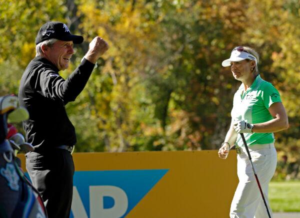 Gary Player reacts after hitting a longer tee shot then Annika Sorenstam on the 15th hole during the Berenberg Gary Player Invitational Pro-Am in Bedford Hills, New York, on Oct. 12, 2015. (Adam Hunger/Getty Images)