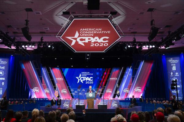  President Donald Trump speaks during the annual Conservative Political Action Conference (CPAC) at Gaylord National Resort & Convention Center in National Harbor, Md., on Feb. 29, 2020. (Tasos Katopodis/Getty Images)