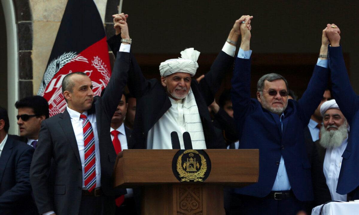 Afghan President Ashraf Ghani (C), second Vice President Sarwar Danish (R) and first Vice President Amrullah Saleh (L) at an inauguration ceremony at the presidential palace in Kabul, Afghanistan, on March 9, 2020. (Rahmat Gul/AP Photo)