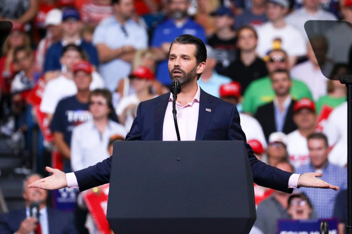 Donald Trump Jr. speaks at President Donald Trump’s 2020 re-election event in Orlando, Fla., on June 18, 2019. (Charlotte Cuthbertson/The Epoch Times)