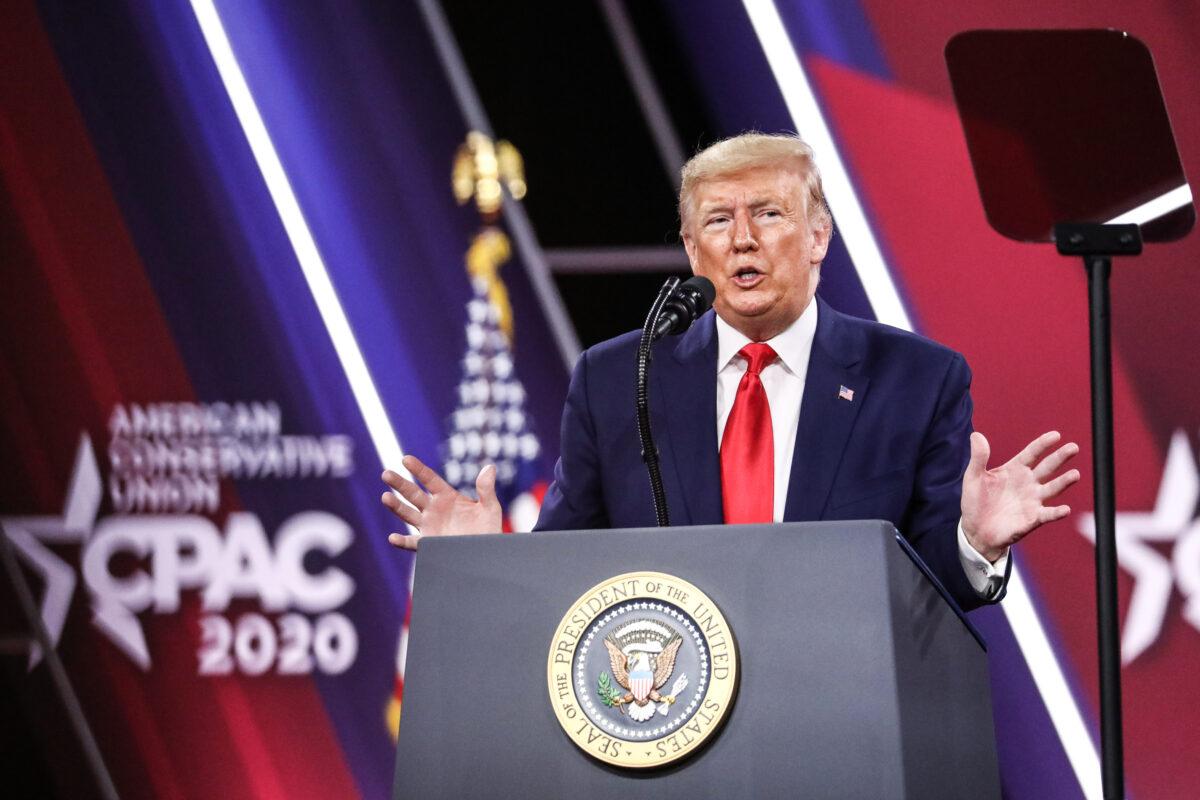 President Donald Trump speaks at the CPAC convention in National Harbor, Md., on Feb. 29, 2020. (Samira Bouaou/The Epoch Times)