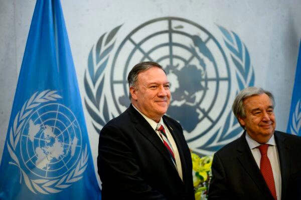 U.S. Secretary of State Mike Pompeo (L) and United Nations Secretary-General Antonio Guterres pose for a picture ahead of a meeting at the New York U.N. Headquarters on March 6, 2020. (Johannes Eisele/AFP/Getty Images)