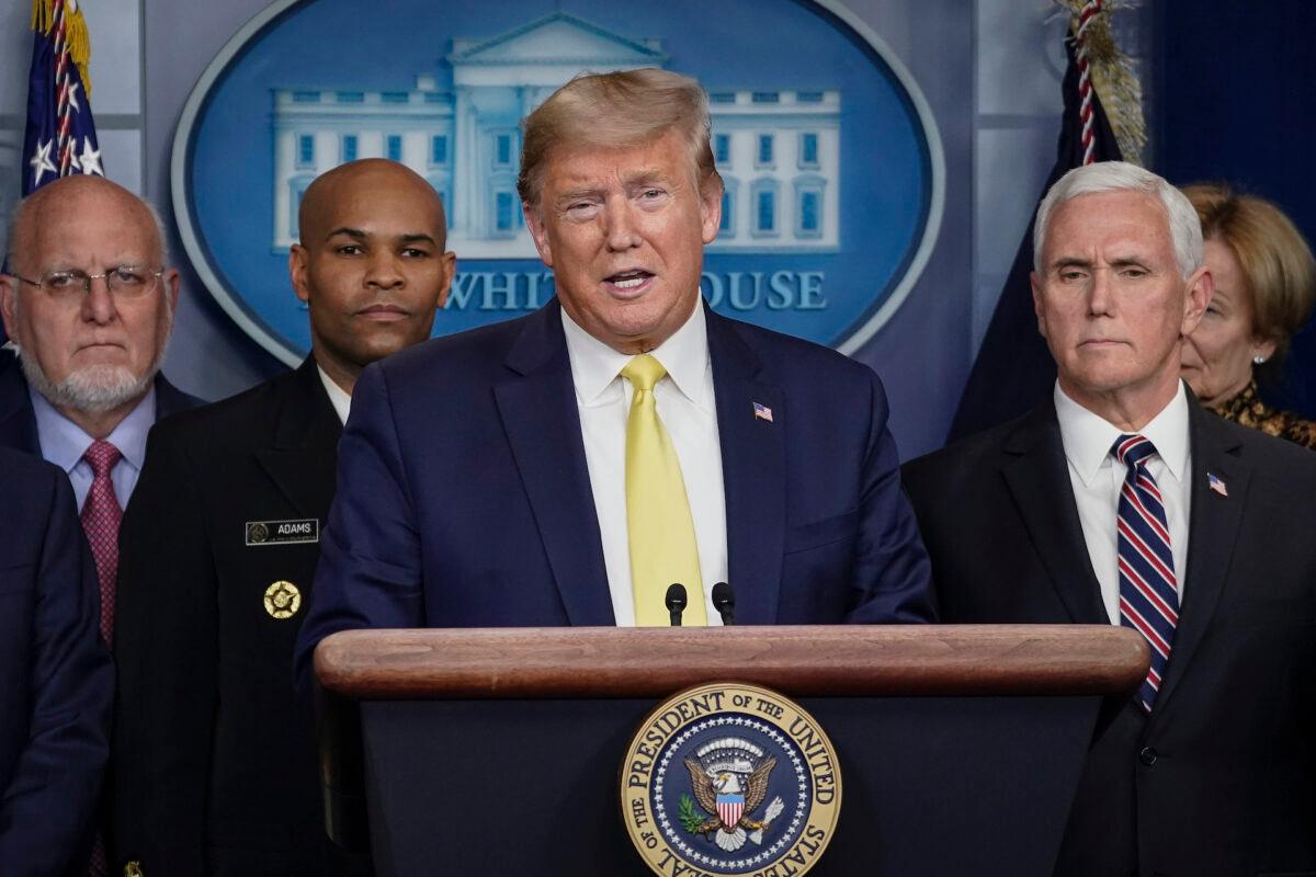 President Donald Trump speaks during a press briefing with members of the White House Coronavirus Task Force team in the press briefing room of the White House in Washington on March 9, 2020. (Drew Angerer/Getty Images)