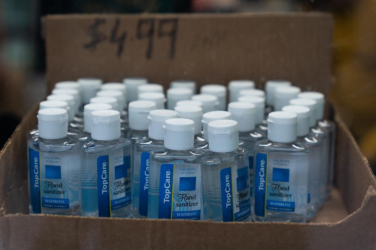 Small bottles of hand sanitizer selling at $4.99 at a grocery store in New York City on March 9, 2020. (Jeenah Moon/Getty Images)