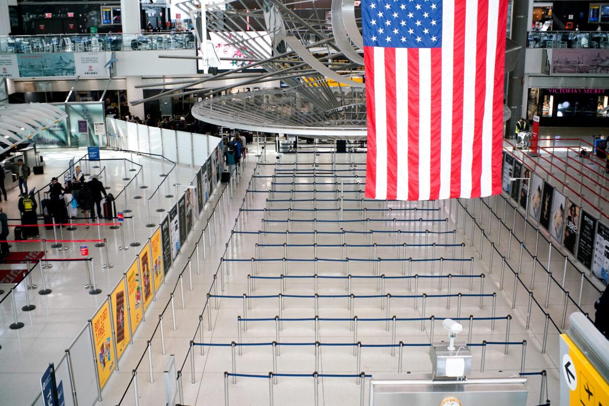 The lines to reach TSA immigration process are seen empty at one of its terminals at the John F. Kennedy International Airport in New York on March 9, 2020. (Eduardo Munoz/Reuters)