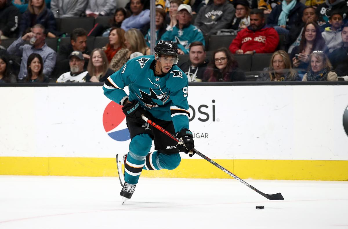 Evander Kane #9 of the San Jose Sharks in action against the Pittsburgh Penguins at SAP Center in San Jose, California, on Feb. 29, 2020. (Ezra Shaw/Getty Images)