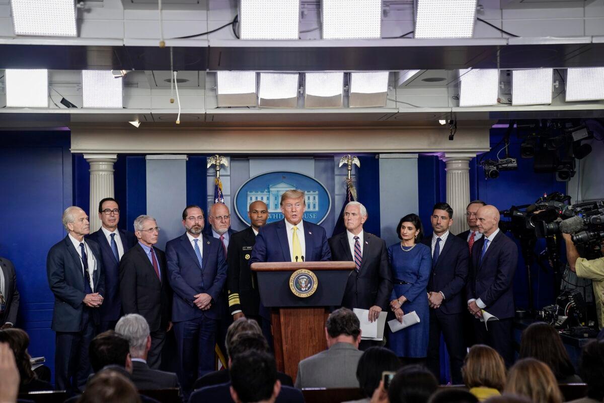President Donald Trump speaks during a press briefing with members of the White House Coronavirus Task Force team in the White House in Washington on March 9, 2020. (Drew Angerer/Getty Images)