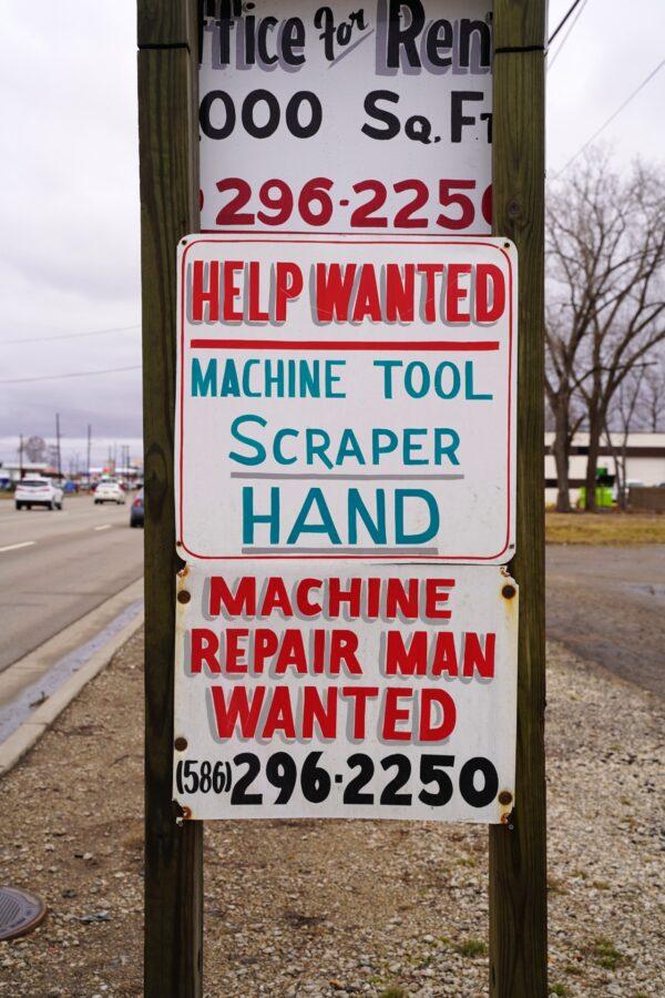 A help-wanted sign in Warren, Mich., on March 10, 2020. (Cara Ding/The Epoch Times)