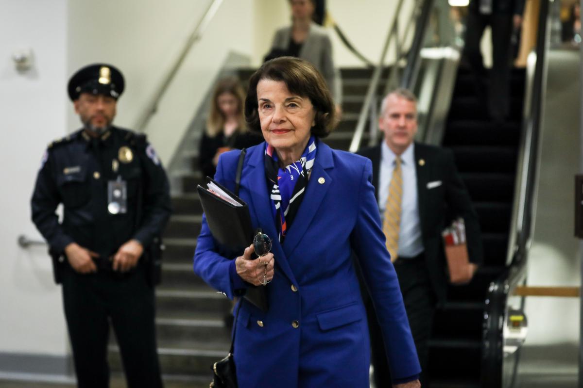 Sen. Dianne Feinstein (D-Calif.) leaves the Capitol after the closing arguments of the impeachment trial of President Donald Trump in Washington on Feb. 3, 2020. (Charlotte Cuthbertson/The Epoch Times)