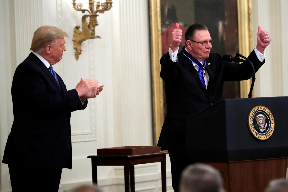President Donald Trump watches after presenting the Presidential Medal of Freedom to former Vice Chief of Staff Army Gen. Jack Keane in the East Room of the White House in Washington, on March 10, 2020. (Manuel Balce Ceneta/AP Photo)