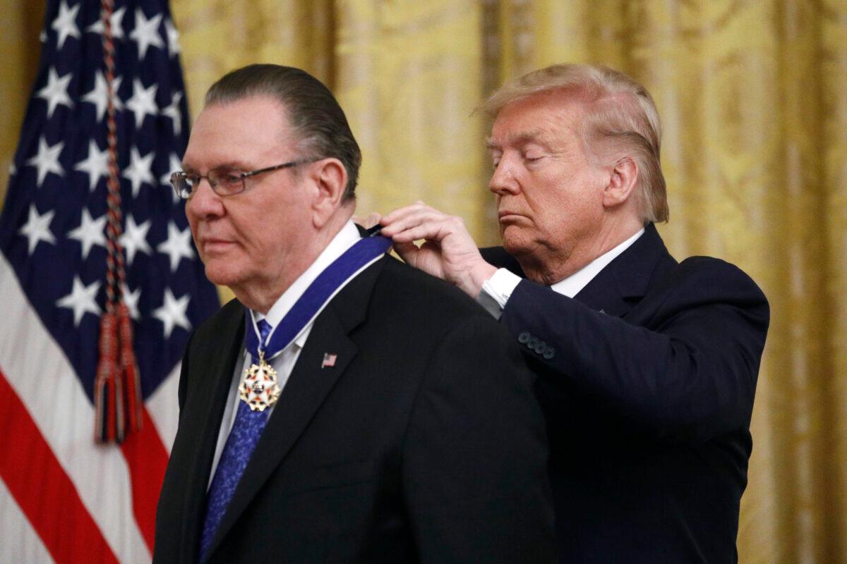 President Donald Trump presents the Presidential Medal of Freedom to former Vice Chief of Staff of the Army Gen. Jack Keane in the East Room of the White House in Washington, on March 10, 2020. (Patrick Semansky/AP Photo)