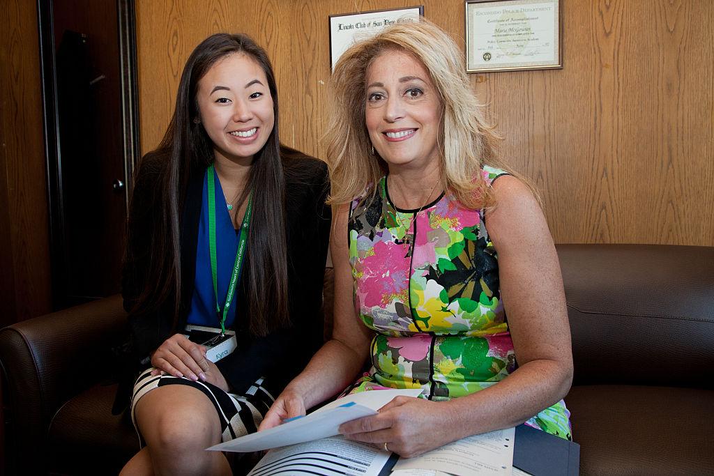 Assembly Member Marie Waldron (R) at the California State Capitol with Kyra Sakamoto (L) of the Girl Scouts of Northern California, in Sacramento, Calif., on June 22, 2016. (Kelly Sullivan/Getty Images for Girl Scouts)
