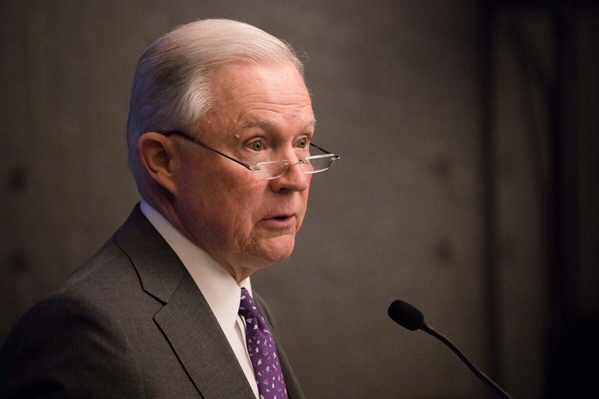 Former Attorney General Jeff Sessions speaks at the 2018 Opioid Roundtable hosted by the National Sheriffs’ Association and the Daniel Morgan Graduate School of National Security, in Washington on May 3, 2018. (Samira Bouaou/The Epoch Times)