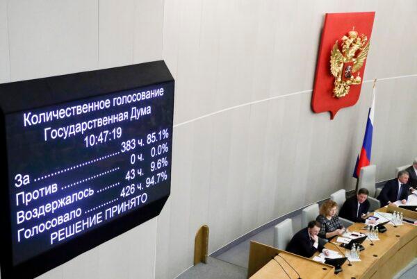 Russian lawmakers vote on a third reading of constitutional amendments at the State Duma, the Lower House of the Russian Parliament in Moscow on March 11, 2020. (Pavel Golovkin/AP Photo)