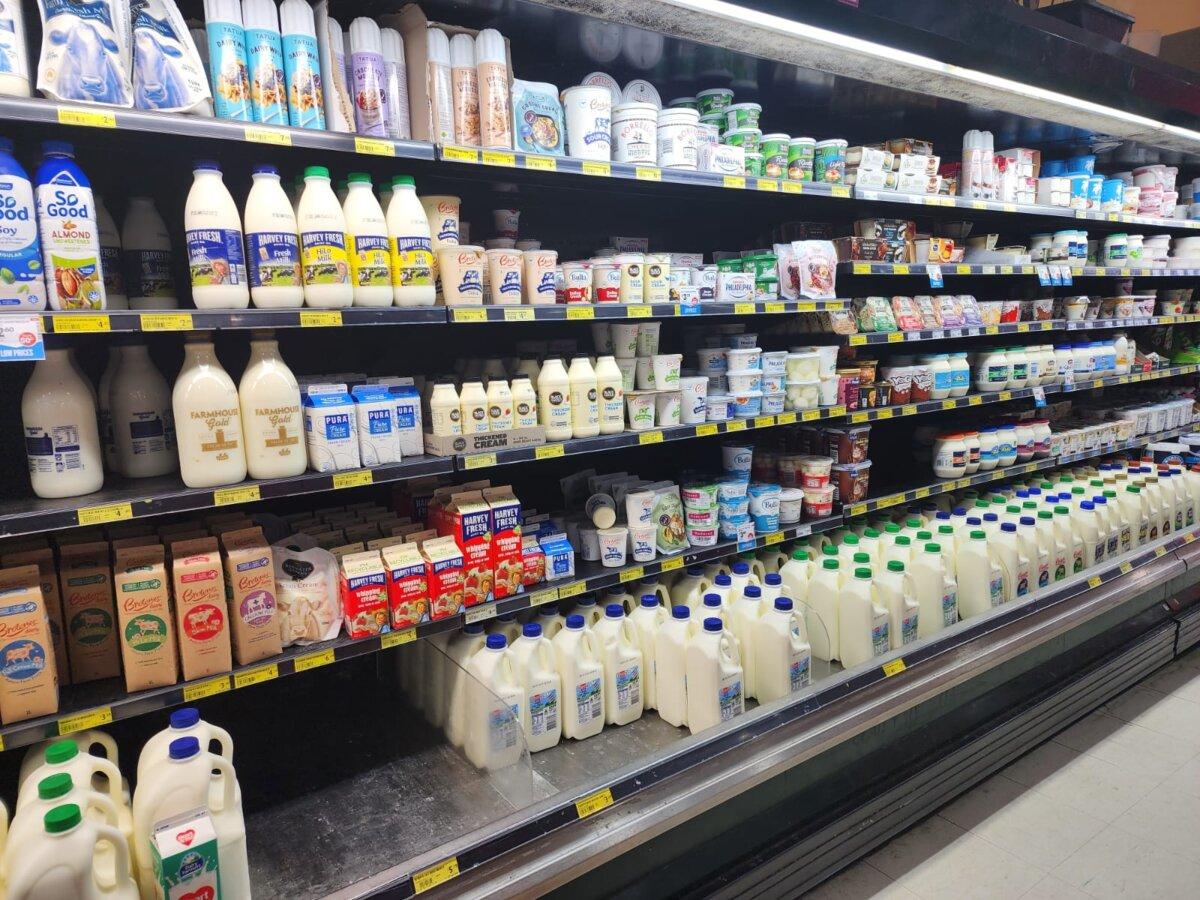 Milk and dairy products on display in a supermarket in Albany, Western Australia, on Jan. 11, 2024. (Susan Mortimer/The Epoch Times)