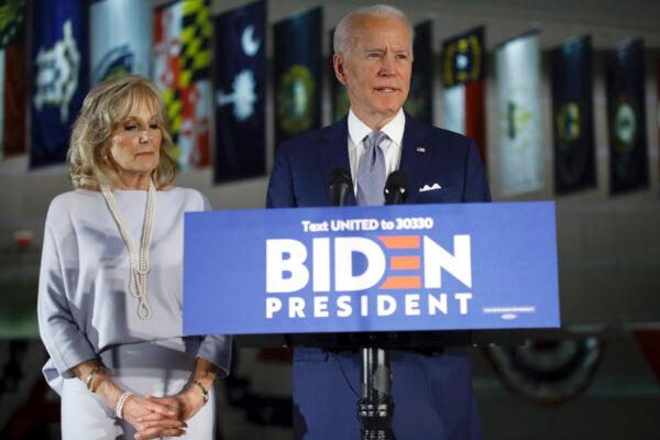 Democratic presidential candidate former Vice President Joe Biden, accompanied by his wife Jill, speaks to members of the press at the National Constitution Center in Philadelphia on March 10, 2020. (Matt Rourke/AP Photo)