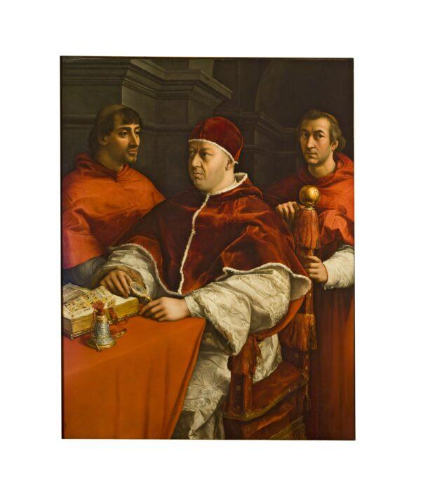 Portrait of Pope Leo X between Cardinals Giulio de' Medici (L) and Luigi de' Rossi, 1518–1519, by Raphael. Oil on panel. Gallery of statues and paintings at the Uffizi Galleries, in Florence, Italy. The restoration of the work was possible thanks to the support of Lottomatica Holding. (Cabinet of the Uffizi Galleries/Courtesy of the Ministry of Heritage and Cultural Activities and Tourism)