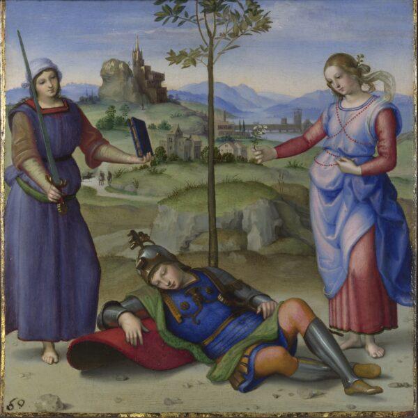 “The Knight’s Dream (Hercules at the Crossroads),” also known as "An Allegory (Vision of a Knight)," 1504, by Raphael. Oil on panel. The National Gallery, London. (The National Gallery, London)