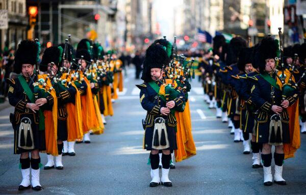 Bagpipers march on 5th Avenue during the annual St. Patrick's Day Parade in New York City on March 16, 2019. (Johannes Eisele/AFP via Getty Images)