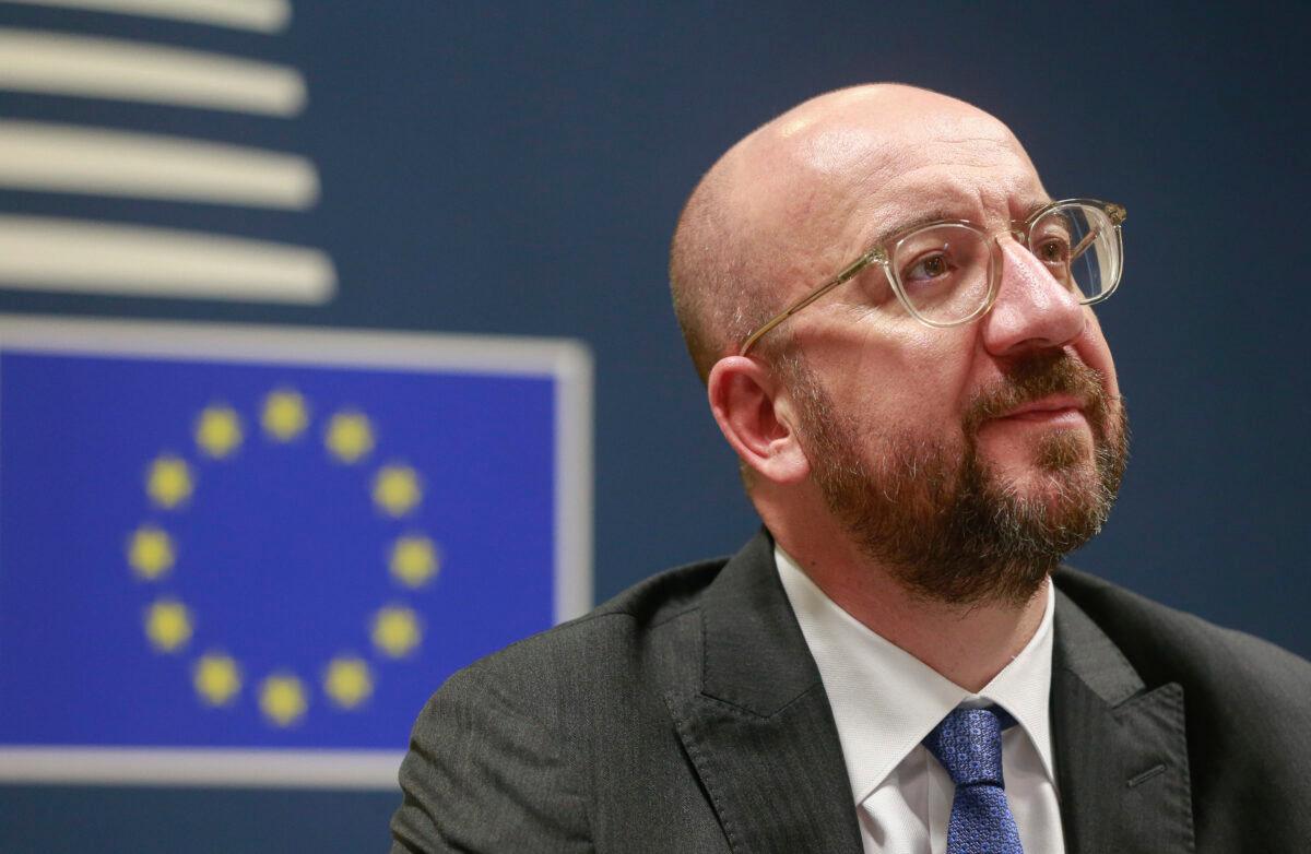 European Council President Charles Michel participates in a videoconference call with EU leaders at the European Council building in Brussels on March 10, 2020. (Stephanie Lecocq, Pool Photo via AP)