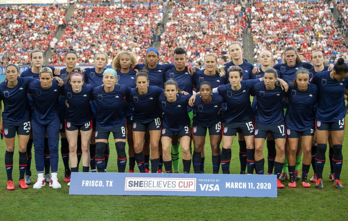 The United States Women's National Team poses for a team photo before a SheBelieves Cup women's soccer match against Japan at Toyota Stadium in Frisco, Texas on March 11, 2020. (Jeffrey McWhorter/AP Photo)