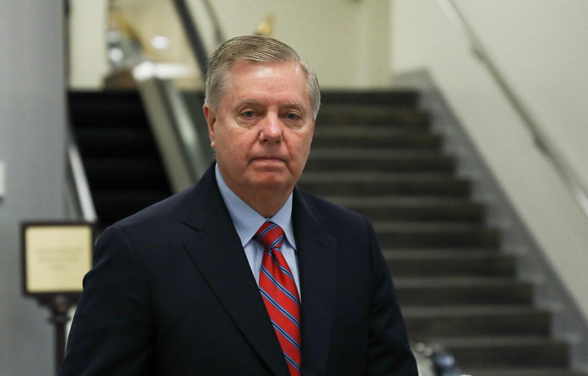 Sen. Lindsey Graham (R-S.C.) in the Senate subway area of the Capitol in Washington on Feb. 4, 2020. (Charlotte Cuthbertson/The Epoch Times)