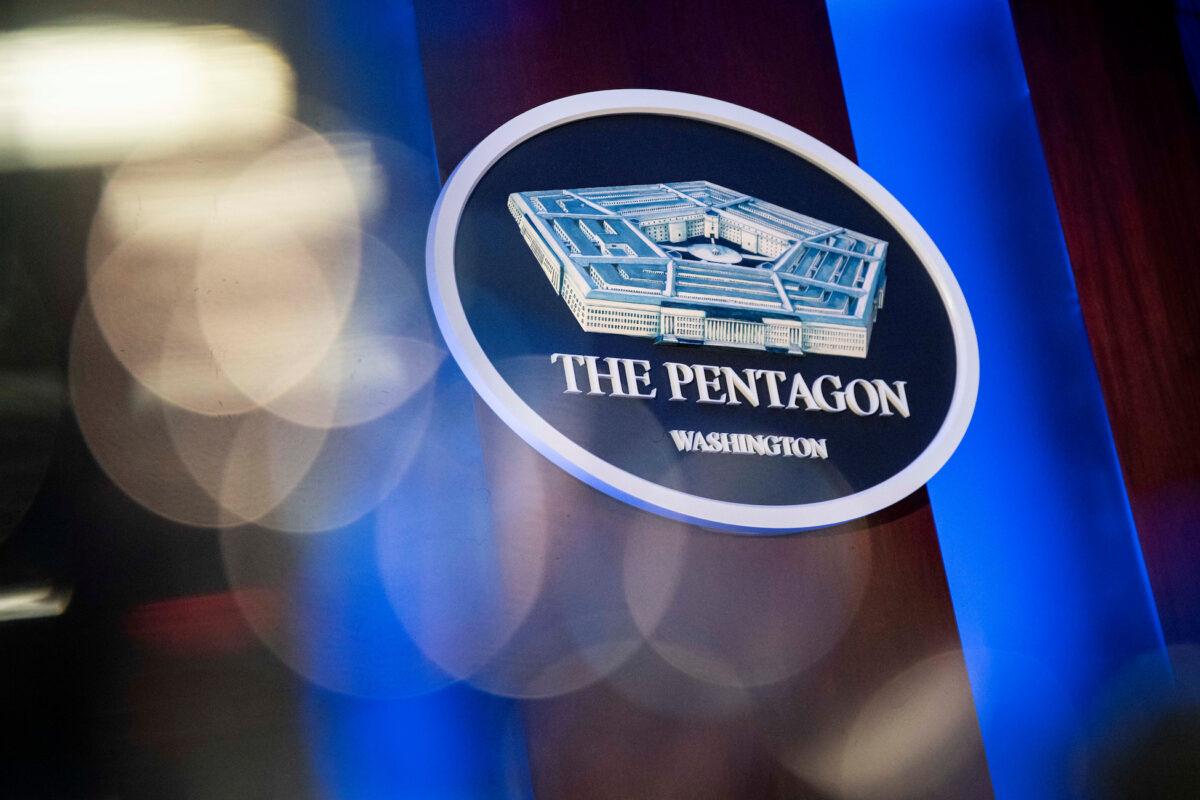 The Pentagon logo is seen behind the podium in the briefing room at the Pentagon in Arlington, Va., on Jan. 8, 2020. (Al Drago/Reuters)