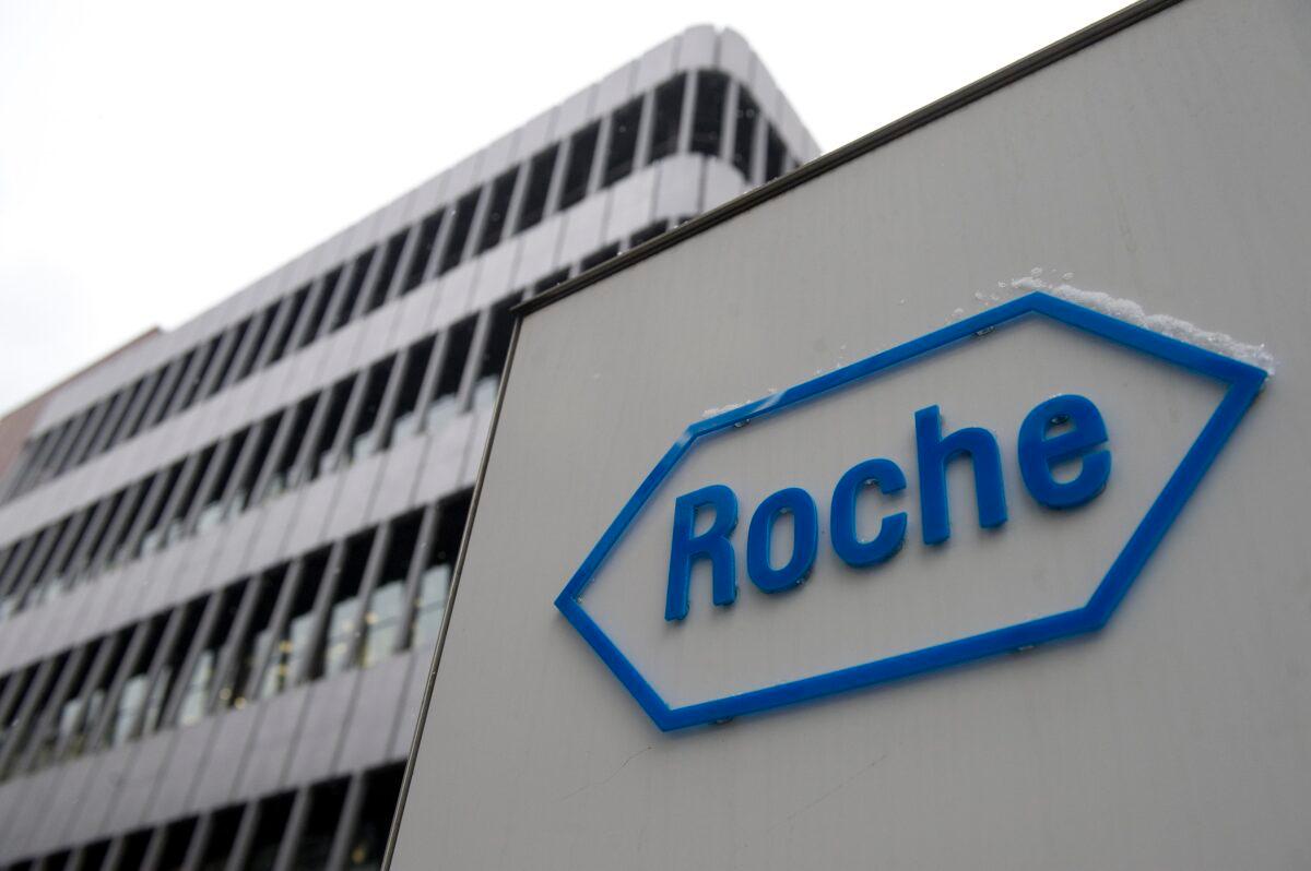 A photo taken on Feb. 1, 2012 shows the logo of Swiss pharmaceutical giant Roche in Basel. (Sebastien Bozon/AFP via Getty Images)