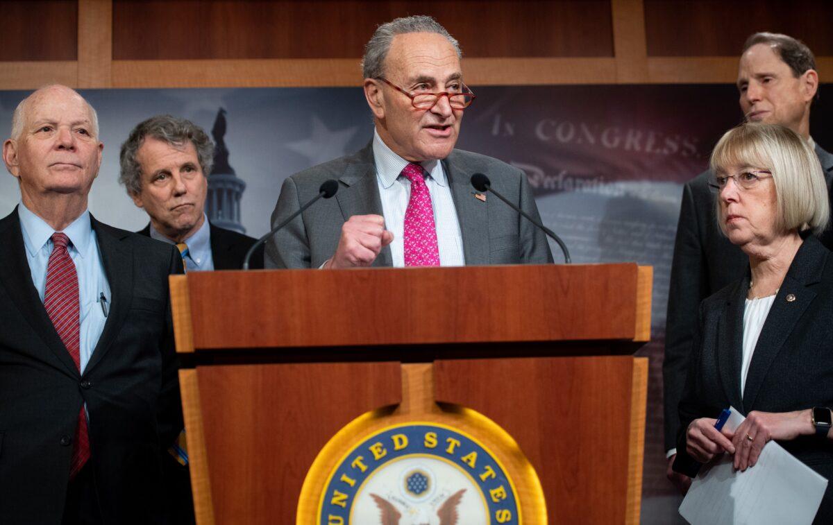 Senate Minority Leader Chuck Schumer (D-N.Y.) speaks alongside fellow Democratic Senators about a new economic and community relief proposal to help states with coronavirus outbreaks during a press conference at the US Capitol in Washingto on March 11, 2020. (Saul Loeb/AFP via Getty Images)