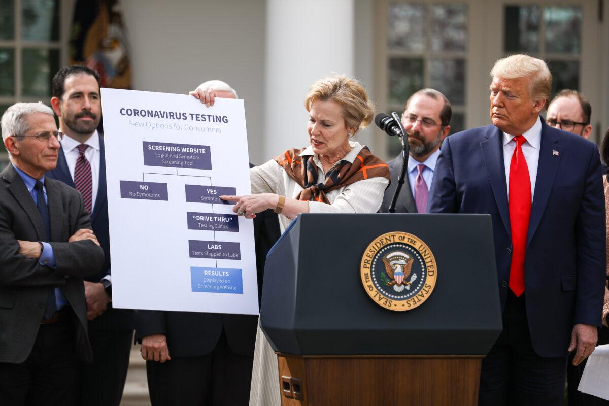 White House Coronavirus Response Coordinator Debbie Birx holds a chart showing how the coronavirus testing process will work in the White House Rose Garden in Washington on March 13, 2020. (Charlotte Cuthbertson/The Epoch Times)