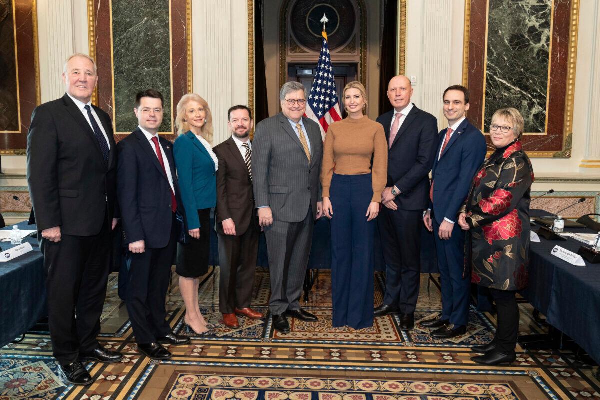 Ivanka Trump and Attorney General William Barr (C) with officials including Australian Home Affair Minister Peter Dutton, third from right, in Washington on March 5, 2020. (Andrea Hanks/The White House via AP)