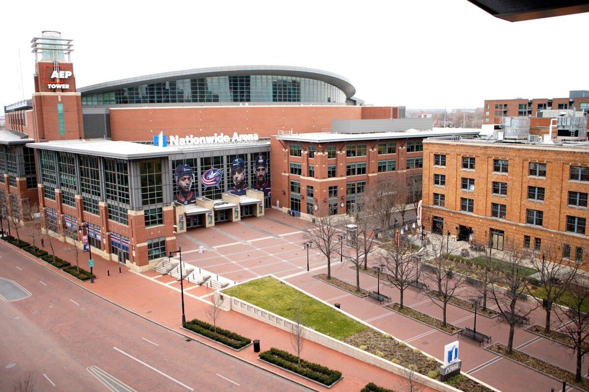 The plaza outside of Nationwide Arena is empty in Columbus, Ohio, after a hockey game was canceled over the new coronavirus outbreak, on March 12, 2020. (Kirk Irwin/Getty Images)