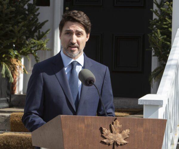 Prime Minister Justin Trudeau holds a news conference at Rideau cottage in Ottawa on March 13, 2020. (The Canadian Press/Fred Chartrand)