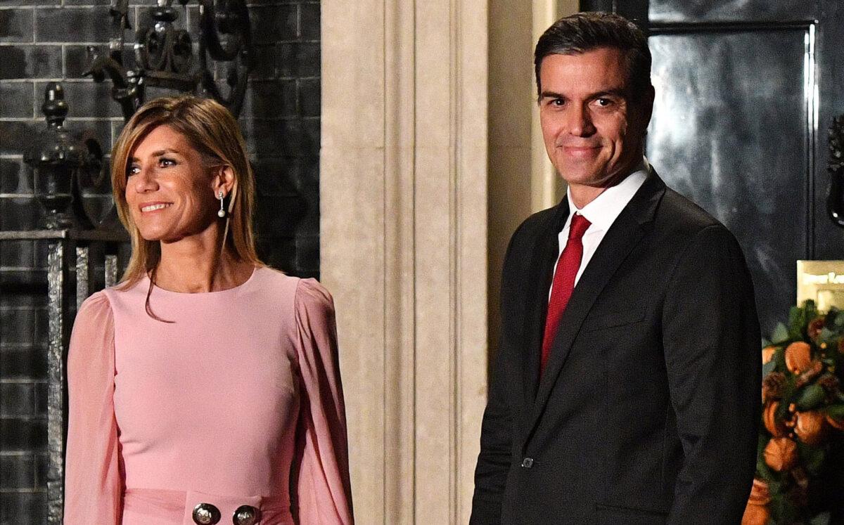 Pedro Sanchez, Prime Minister of Spain, and wife María Begoña Gómez Fernández arrive at number 10 Downing Street in London, England for a reception on Dec. 3, 2019. (Leon Neal/Getty Images)