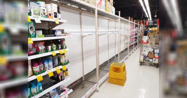 Empty shelves where the toilet paper is supposed to be stocked at Coles supermarket in Melbourne, Australia, on March 8, 2020. (The Epoch Times)
