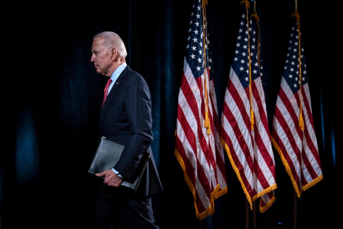 Former Vice President Joe Biden leaves the lectern after delivering remarks about the COVID-19 outbreak, in Wilmington, Delaware, on March 12, 2020. (Drew Angerer/Getty Images)